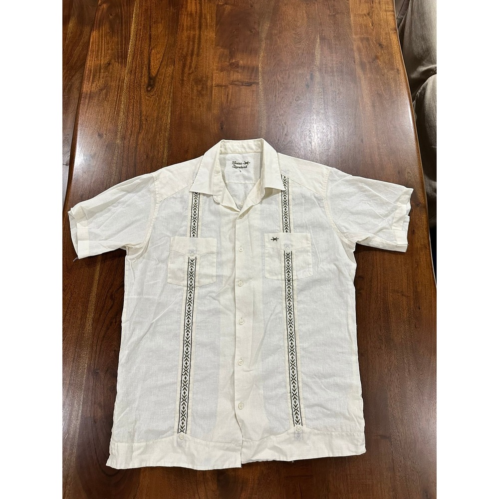 Texas Standard Guayabera Embroidered Linen Blend Short Sleeve Shirt Cream Size L